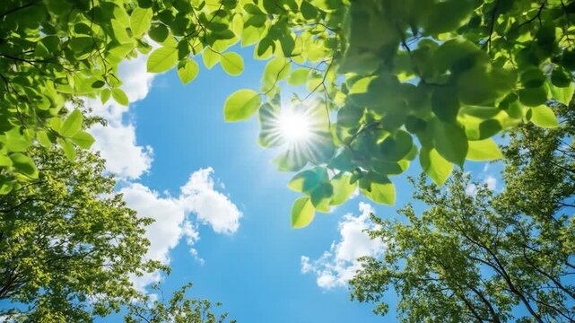 Sunny blue sky through vibrant green tree leaves on a clear day with bright sunshine and fluffy white clouds illustrating natural growth and environmental beauty - Powered by Adobe