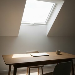Minimalist home office workspace with a wooden desk under a bright skylight window.