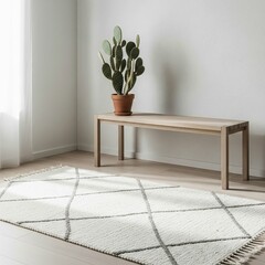 Minimalist interior design with a cactus on a wooden bench and a geometric rug.
