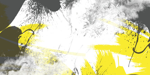 A vibrant, abstract design featuring splashes of yellow and black ink on a white background,abstract grunge desing.