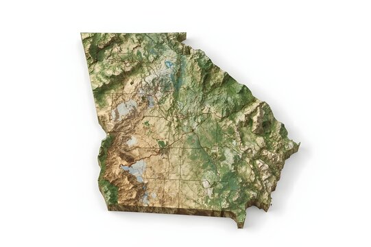 3D Georgia map, topographic detail, white background, geography lesson