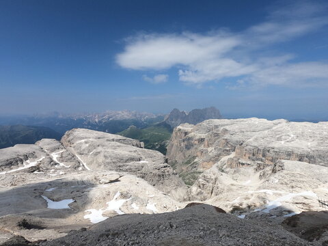 Hiking in the Dolomites - Scenic Dolomites Landscape with Sella and Sasssolungo Group, Val di Fassa, Trentino Alps, Italy