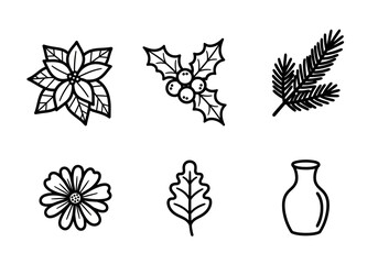 Festive botanical collection of poinsettia, holly, pine branch, daisy, oak leaf, and vase in elegant line art style, perfect for holiday designs