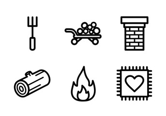 Cozy winter icons of garden fork, wheelbarrow of firewood, chimney, log, fire flame, and heart, perfect for holiday projects and designs with warm feelings