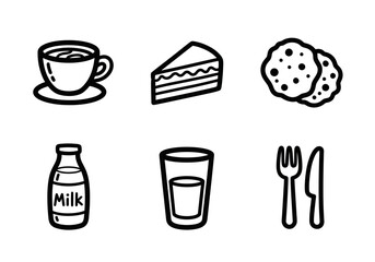Enjoy Coffee, Cake, and Cookies with Milk and Silverware in this charming minimalist design, perfect for cafe menus and recipe blogs, original vector graphic