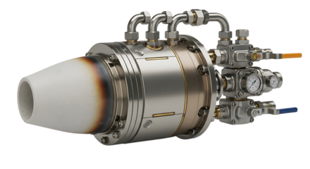 Industrial Rocket Engine Component with Metal Pipes Valves Gauges in White Background