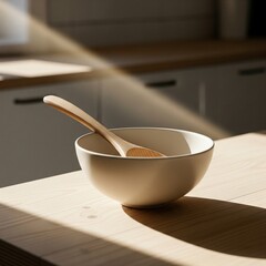 Minimalist still life of a ceramic bowl and wooden spoon in a sunlit kitchen.