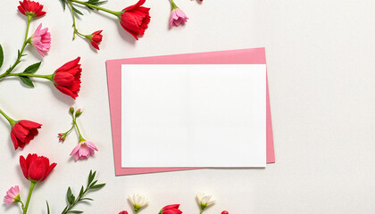 Blank card on a pink background surrounded by colorful flowers for creative design