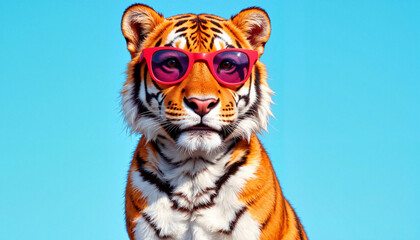 Stylish tiger wearing pink sunglasses against a bright blue background