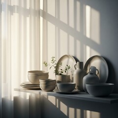 Minimalist still life with ceramic tableware in natural window light.