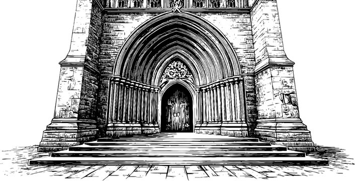 Gothic cathedral portal with sculptural tympanum - engraved architectural design for historical prints