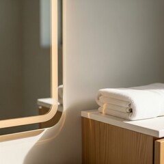 Modern bathroom detail with a folded white towel on a wooden vanity.