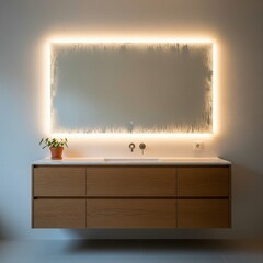 Modern bathroom interior with a floating wooden vanity and illuminated mirror.