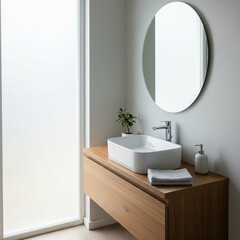Modern bathroom interior with a wooden vanity, white ceramic vessel sink, and a large round mirror.