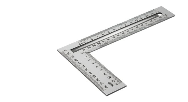Metal L-Shaped Ruler with Measurement Markings on White Background