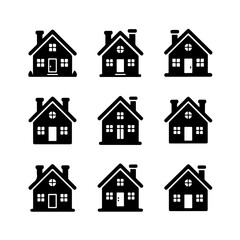 Collection of nine house icons in black color