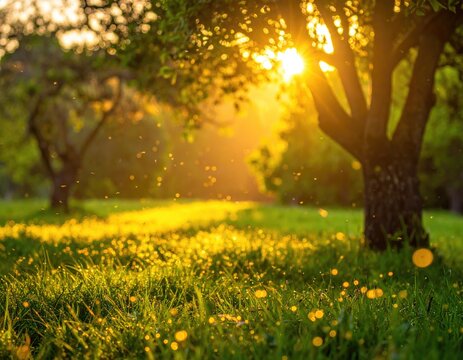 Golden hour sunlight filters through trees, on green grass