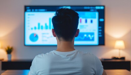 A person analyzing data and information on the television screen in the living room. The TV displays graphs and charts indicating statistical data.