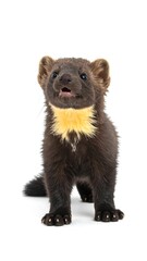 Fototapeta premium Alert, brown mammal with a yellow throat stands against a stark white background