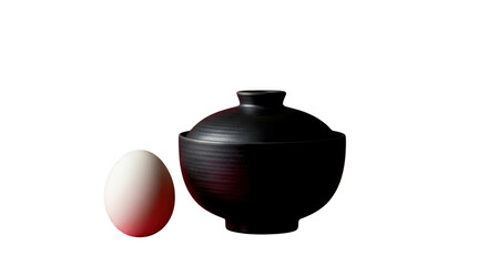 Black ceramic bowl with lid and a white egg isolated on transparent background
