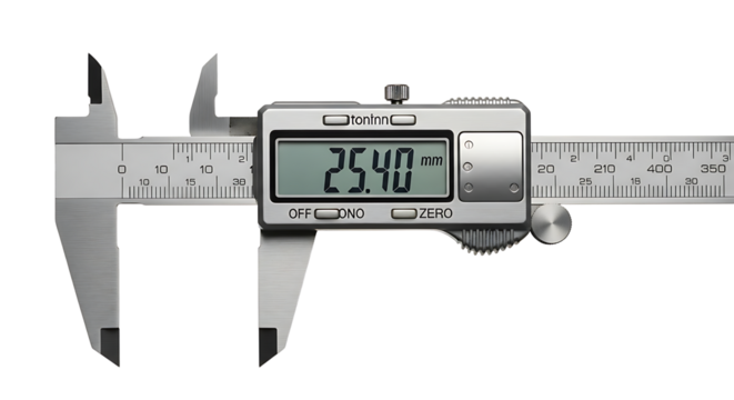 Digital Vernier Caliper Measuring 25.40 Millimeters in Silver Metal with LCD Display