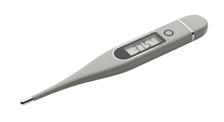 Digital Thermometer with LCD Display Showing 37.5°C in Silver Color on White Background
