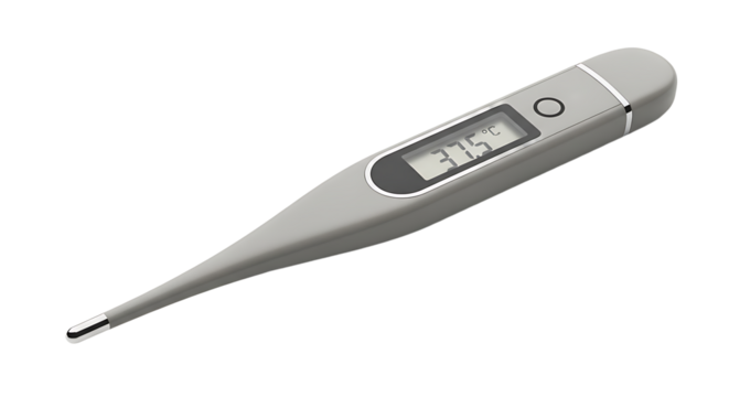 Digital Thermometer with LCD Display Showing 37.5°C in Silver Color on White Background