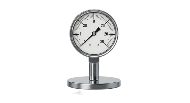 Modern Analog Pressure Gauge with Silver Frame and White Dial in Industrial Setting