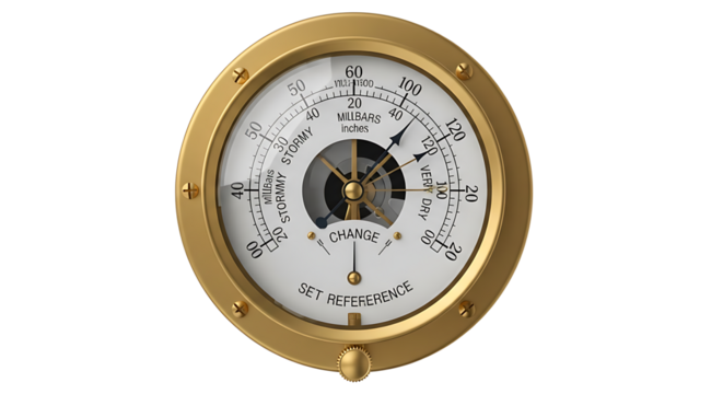 Vintage Barometer with Gold Frame Showing Weather and Atmospheric Pressure