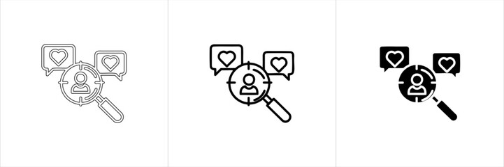 Vector art of magnifying glass focusing on a user profile icon with heart icons in speech bubbles