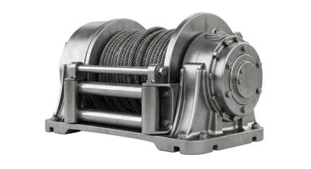 Industrial Steel Winch with Heavy Duty Cable in White Background