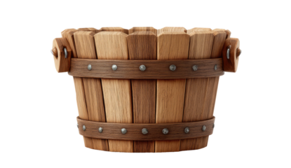 A weathered wooden container with metal reinforcement bands and rivet details