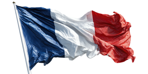 A flag with three vertical stripes of blue, white, and red flutters dramatically against a dark background