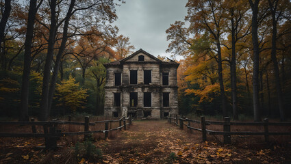 Fototapeta premium Abandoned stone building forest autumn foliage fallen leaves wooden fence overcast sky eerie neglected tall trees colorful serene peaceful generative AI