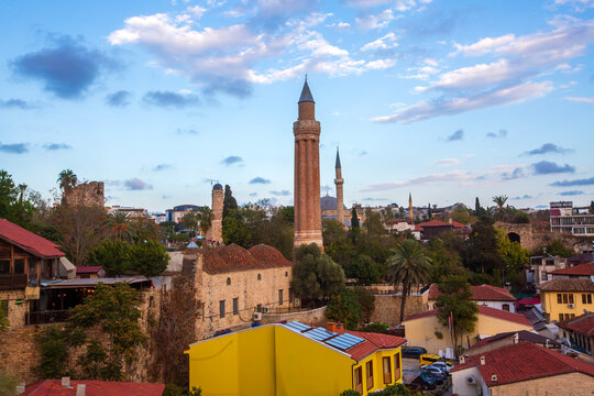 Panoramic view of Antalya Kaleici Old Town with the Clock Tower, Yivli Minaret and Tekeli Mehmet Pasa mosque. Antalya, Turkey