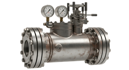 Industrial Stainless Steel Valve with Pressure Gauges in White Background