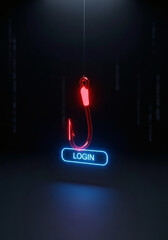 Cybersecurity phishing attack concept, with a glowing red fishing hook luring a blue login button on a dark background, symbolizing data theft, online fraud, and internet security threats.