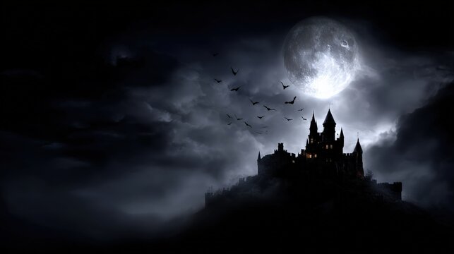 A dark, moody castle silhouette against a full moon, surrounded by bats and clouds, evoking a mysterious and eerie atmosphere. - Powered by Adobe