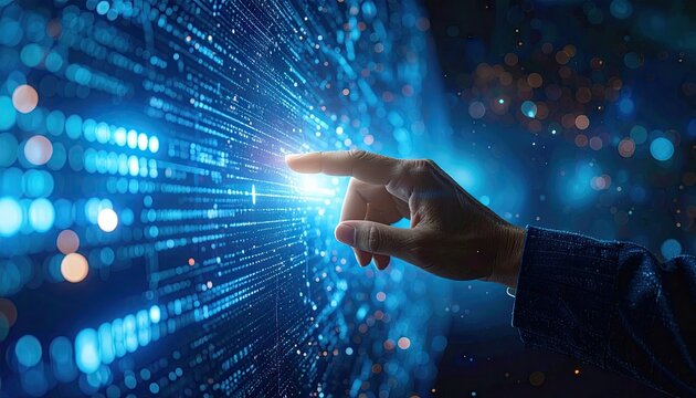 Human hand touching glowing blue digital network data stream futuristic technology concept.