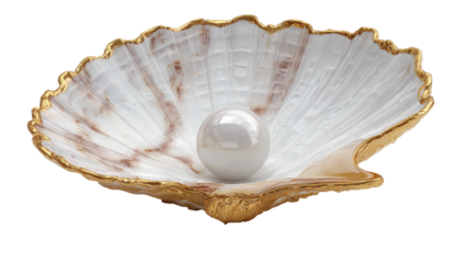 Close-up of a lustrous pearl resting in a shell, detailed texture, with gold accents