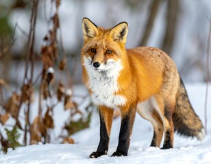 Alert red fox stands in snow with attentive gaze amidst blurry woodland backdrop