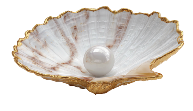 Close-up of a lustrous pearl resting in a shell, detailed texture, with gold accents