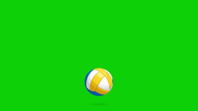 volleyball ball in yellow and white color falling down and bouncing on green screen,animated chromakey background scene cartoonish style creative backgrounds illustration composition emotion expressio