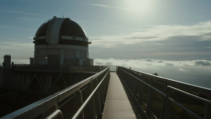 cinematic ultra-realistic image of a sky walkway extending toward an observatory