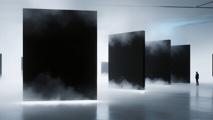 cinematic photo of a minimalist art gallery surrounded by mist and clouds