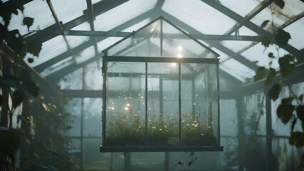 cinematic realistic photo of a glass greenhouse suspended above the clouds