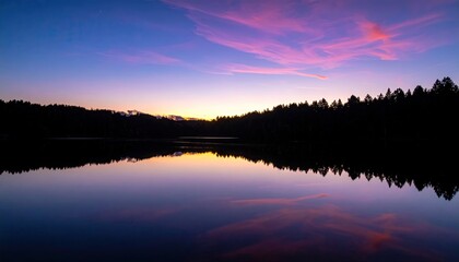 Fototapeta premium Vibrant Sunset Sky Reflecting on a Calm Lake Surrounded by Silhouetted Pine Trees During Twilight