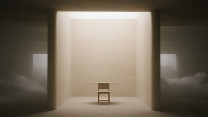 realistic cinematic photo of a small minimalist sanctuary above the clouds