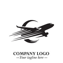 Plane Flying Fast Logo Symbol in Black on the White Background with Dynamic Aviation Design