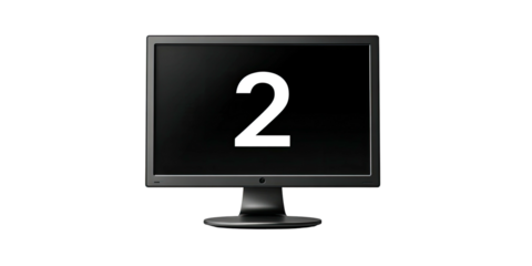 A computer monitor displays the number two against a black background